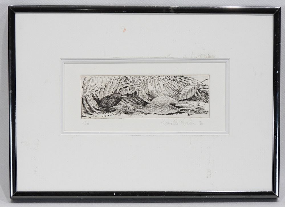 Etching signed Ronaldo Norden 11/85, Plate 1 1/2 x 4 5/8" "Bird & Foilage " #31/100 (glazing lacking: Etching signed Ronaldo Norden 11/85, Plate 1 1/2 x 4 5/8" "Bird & Foilage " #31/100 (glazing lacking
