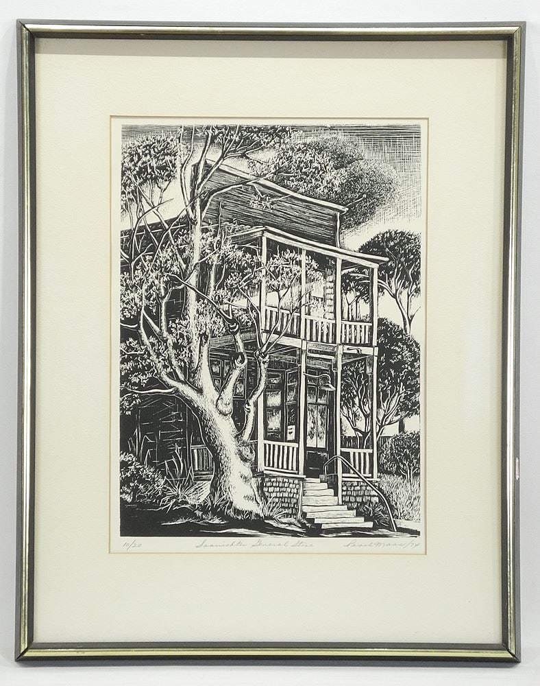 Serigraph signed Peal Maas, 16 3/4 x 11 3/4", "Saanichton General Store " #10/20.: Serigraph signed Peal Maas, 16 3/4 x 11 3/4", "Saanichton General Store " #10/20.