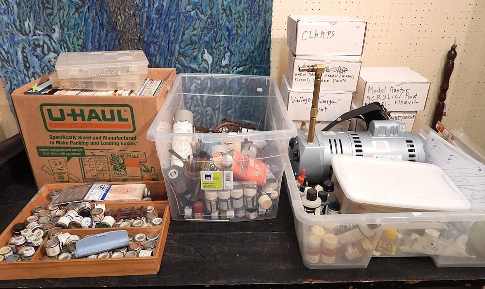 Large Collection of Model Paints/ Magazines & Sundries with Compressor (needs re-wiring).: Large Collection of Model Paints/ Magazines & Sundries with Compressor (needs re-wiring).