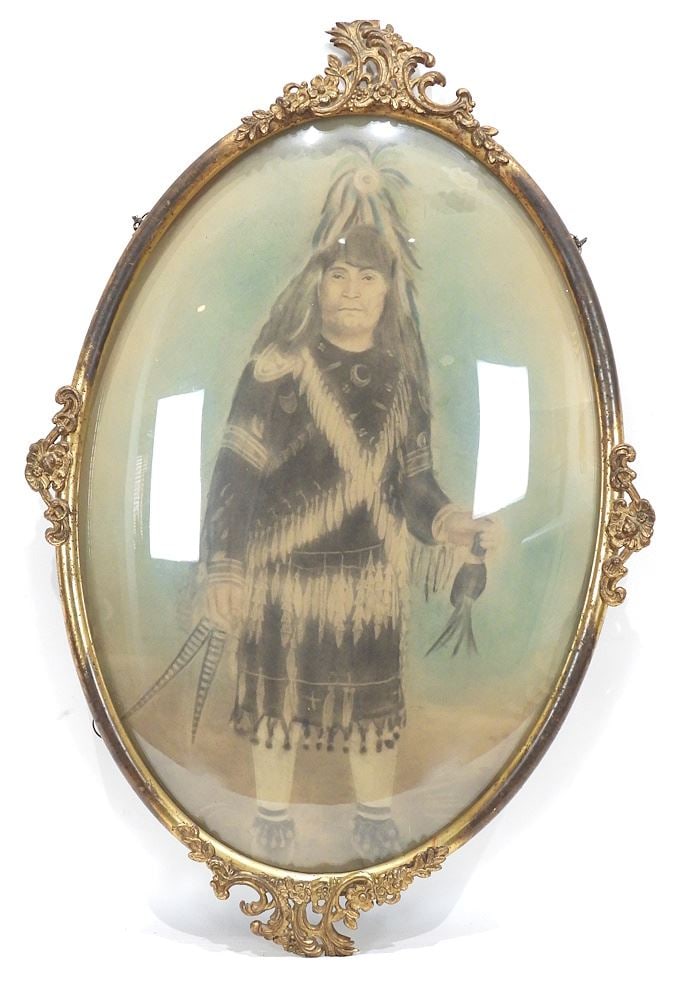 First Nations Subject Lithograph 19 x 13" in Late 19th C. Convex Metal Frame.: First Nations Subject Lithograph 19 x 13" in Late 19th C. Convex Metal Frame.