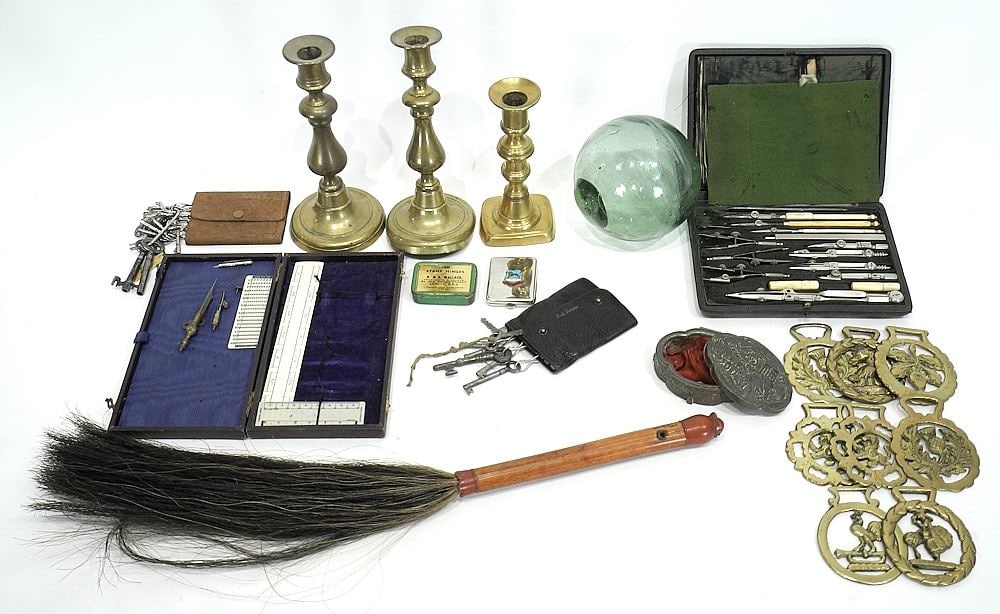 Collection of Curiosities: Keys/ Brass Sticks & Brasses/Japanese Float/Fly Whisk.: Collection of Curiosities: Keys/ Brass Sticks & Brasses/Japanese Float/Fly Whisk.