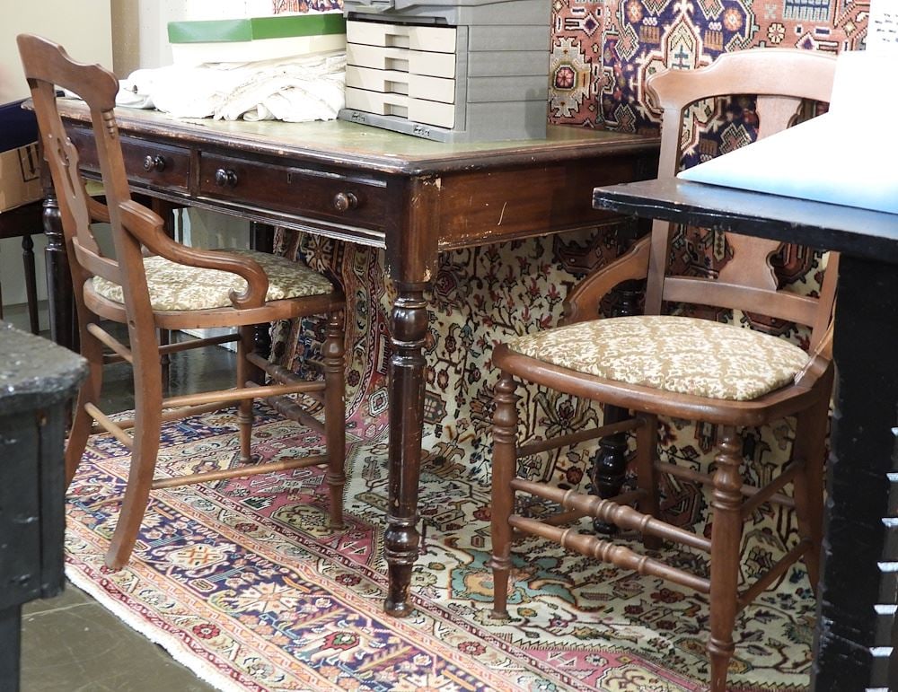 19th C. Mahogany Writing Table (29 1/4"h) with Two Eastlake Chairs, 35 5/8"h.: 19th C. Mahogany Writing Table (29 1/4"h) with Two Eastlake Chairs, 35 5/8"h.