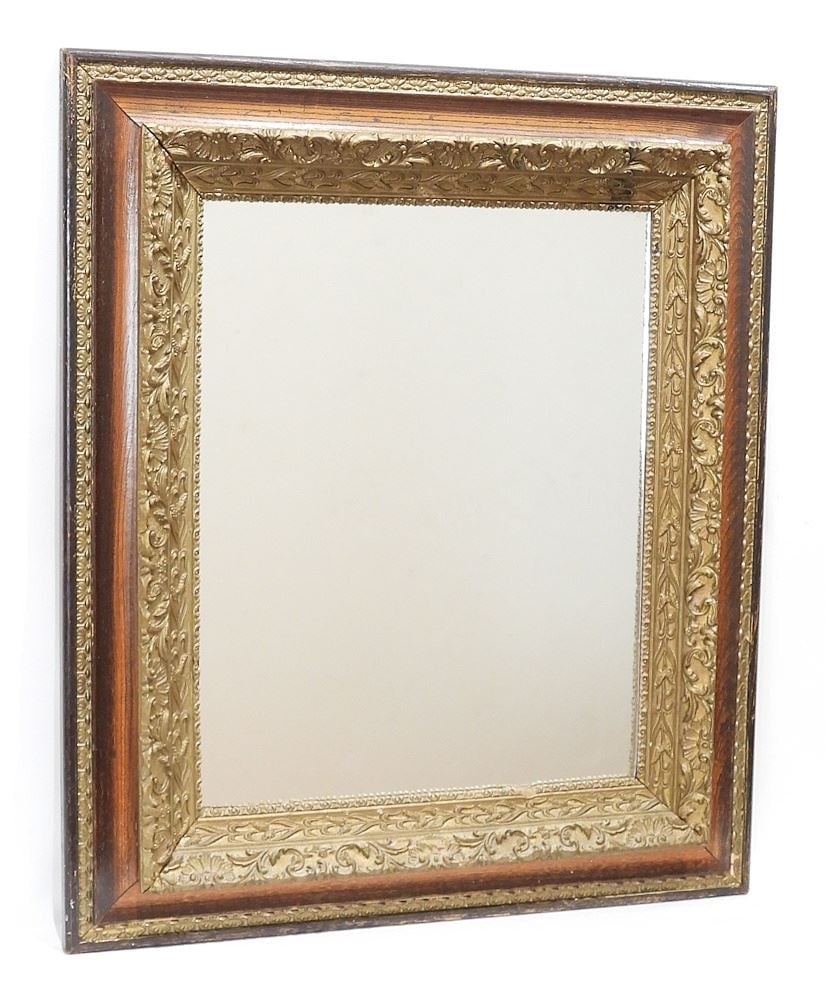 C. 1880 Oak & Gilt Framed Mirror, 28 x 24".: C. 1880 Oak & Gilt Framed Mirror, 28 x 24".