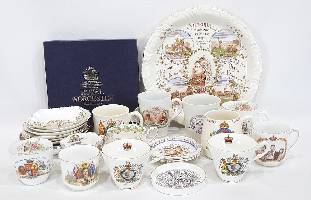 Collection of Various Commemorative Monarchist China Wares 1897-2002.: Collection of Various Commemorative Monarchist China Wares 1897-2002.