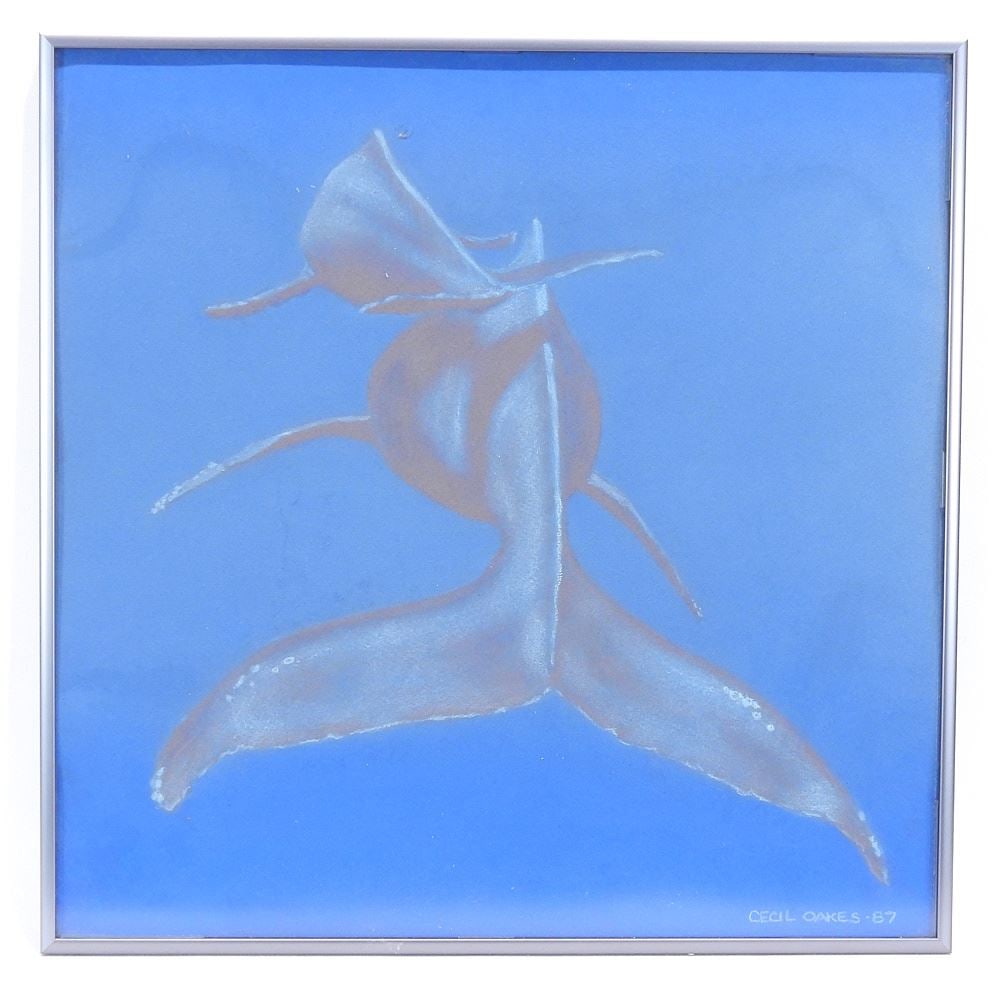 Pastel on Paper signed Cecil Oakes- 87, 15 1/2 x 15 1/2" "Whale & Calf".: Pastel on Paper signed Cecil Oakes- 87, 15 1/2 x 15 1/2" "Whale & Calf".