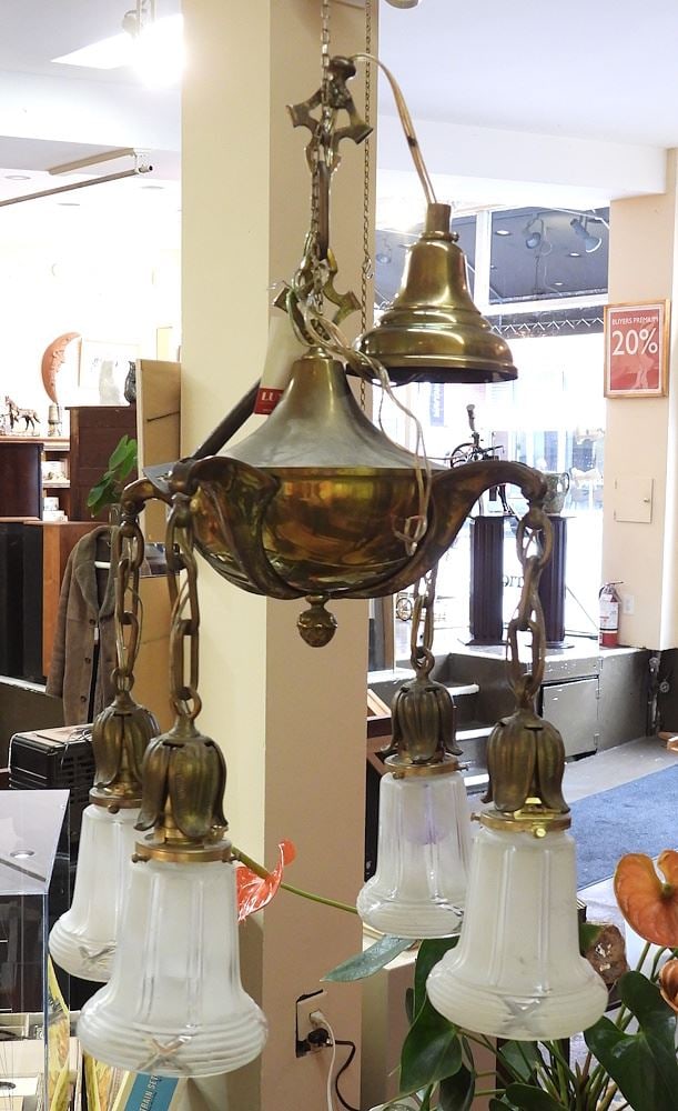 Vintage Brass 4 Socket Pendant Light Fixture, 20"h.: Vintage Brass 4 Socket Pendant Light Fixture, 20"h.