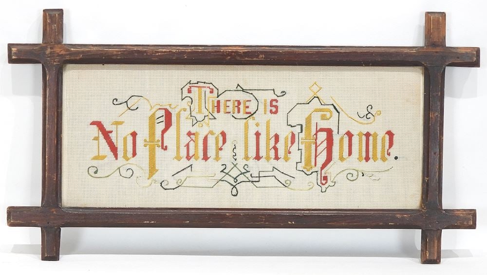 Stitchery Panel "There is A Place Like Home", Period Frame, Outer 14 1/2 x 27".: Stitchery Panel "There is A Place Like Home", Period Frame, Outer 14 1/2 x 27".