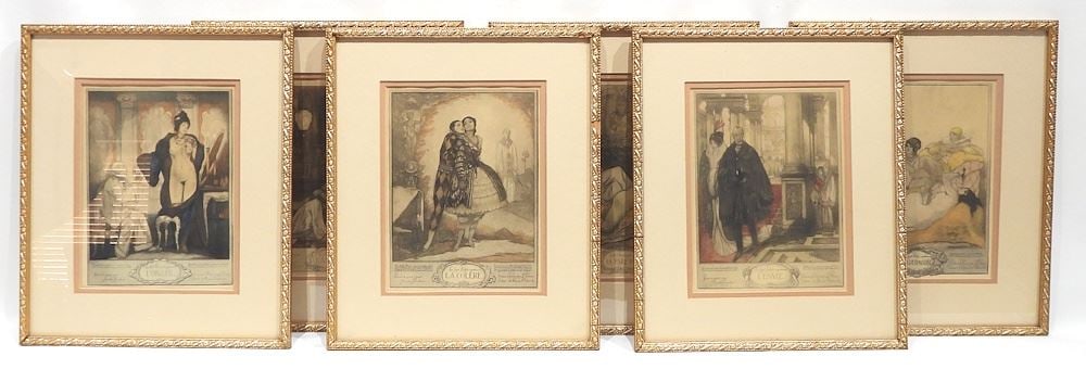 Coloured Etchings by Andre Lambert, 8 1/8 x 6 1/8", "Six of Seven Deadly Sins".: Coloured Etchings by Andre Lambert, 8 1/8 x 6 1/8", "Six of Seven Deadly Sins".