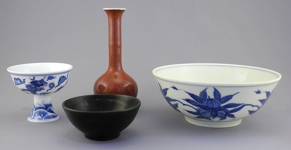 Group of Reproduction Items: Dragon Stem Cup (3 1/2"diam)/Leaf Bowl/ Scholar Vase/Wine Bowl.: Group of Reproduction Items: Dragon Stem Cup (3 1/2"diam)/Leaf Bowl/ Scholar Vase/Wine Bowl.