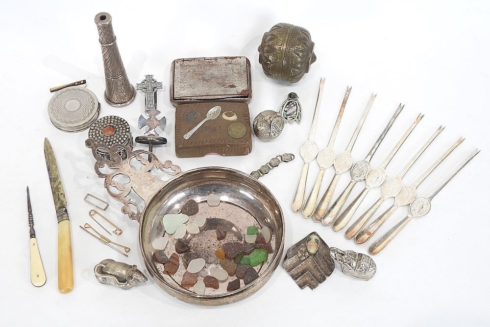 Collection of Various Silver Plated Sundries: Porringer/Boxes/Picks. (1 of 2)
