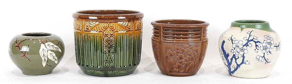 Two Weller Jardinieres with Brannam & Prunus Bough Vases, 4 1/2 - 7"h.: Two Weller Jardinieres with Brannam & Prunus Bough Vases, 4 1/2 - 7"h.