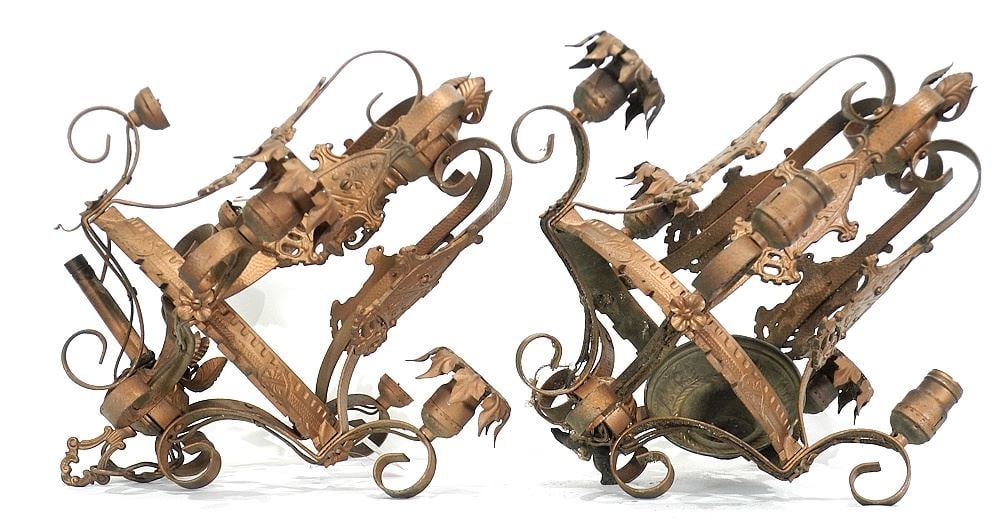 Pair of 1920's Cast Metal Pendant Ceiling Fixtures with Crowns & Various Parts.: Pair of 1920's Cast Metal Pendant Ceiling Fixtures with Crowns & Various Parts.