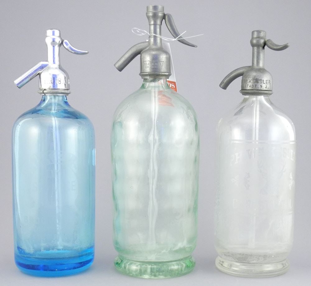 Three Seltzer Bottles: Mike's Brooklyn / Kessler NJ / Unmarked, 11 1/4 - 12 1/4"h.: Three Seltzer Bottles: Mike's Brooklyn / Kessler NJ / Unmarked, 11 1/4 - 12 1/4"h.