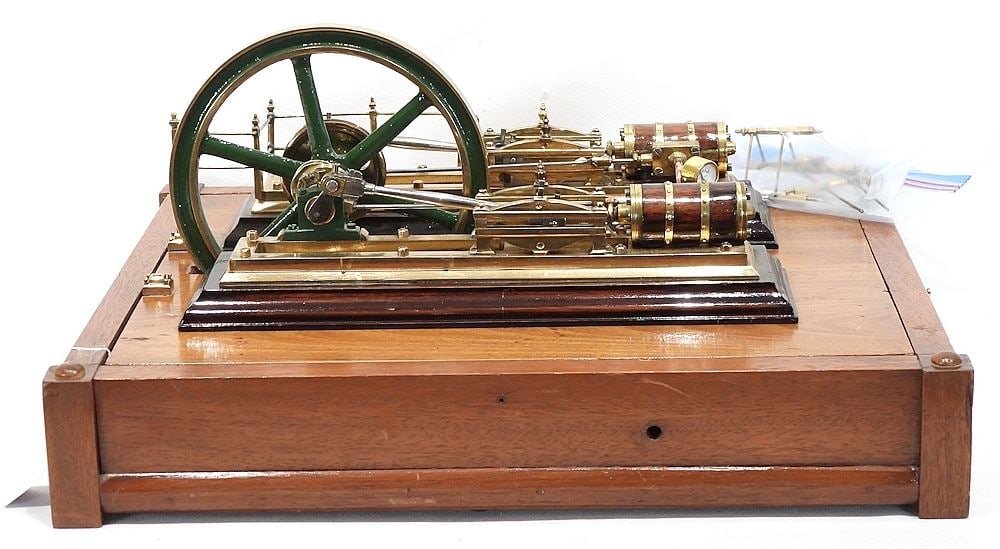 Dual Horizontal Model Brass Steam Engine on Stand, 8 x 17 1/2 x 15 1/4 ". (1 of 2)