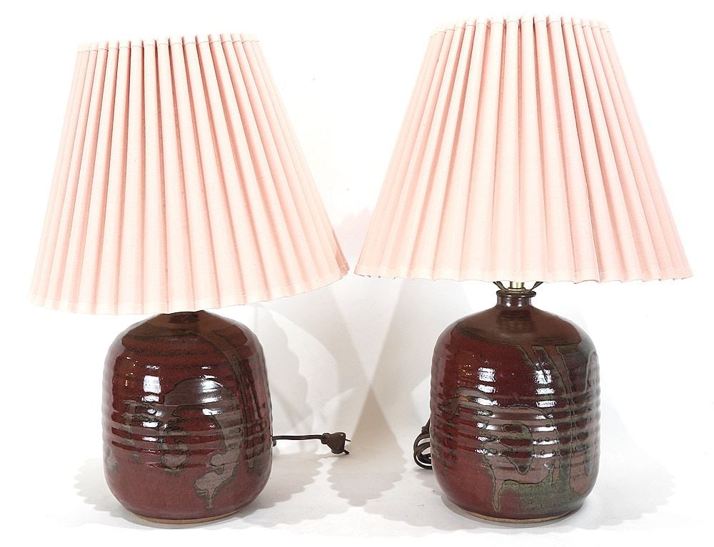 Pair Walter Dexter Red Glazed Pottery Lamps with Shades, 19".: Pair Walter Dexter Red Glazed Pottery Lamps with Shades, 19".