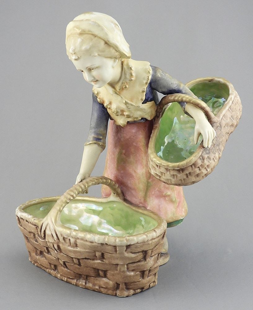 Amphora Austria Pottery Figurine, 10 1/2"h "Girl Basket Carrier". (1 of 3)