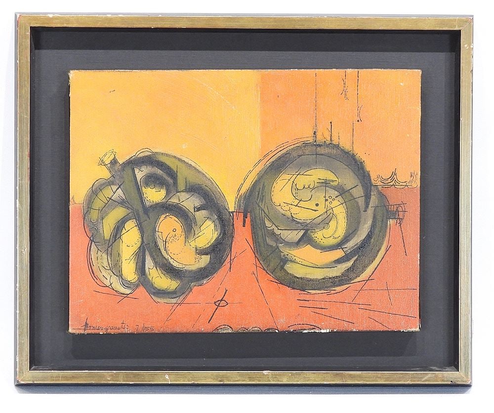 Mixed Media on Canvas Attributed to Burrell Swartz, 9 x 12", "Pomegranates 07/01/55".: Mixed Media on Canvas Attributed to Burrell Swartz, 9 x 12", "Pomegranates 07/01/55".