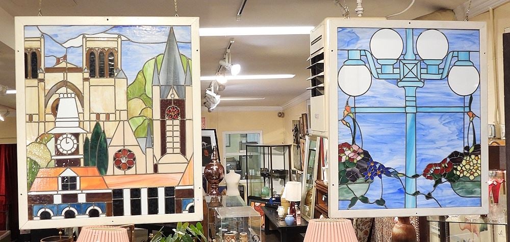 Three Leaded Glass Windows "Victoria BC Triptych" (minor restoration on one).: Three Leaded Glass Windows "Victoria BC Triptych" (minor restoration on one).