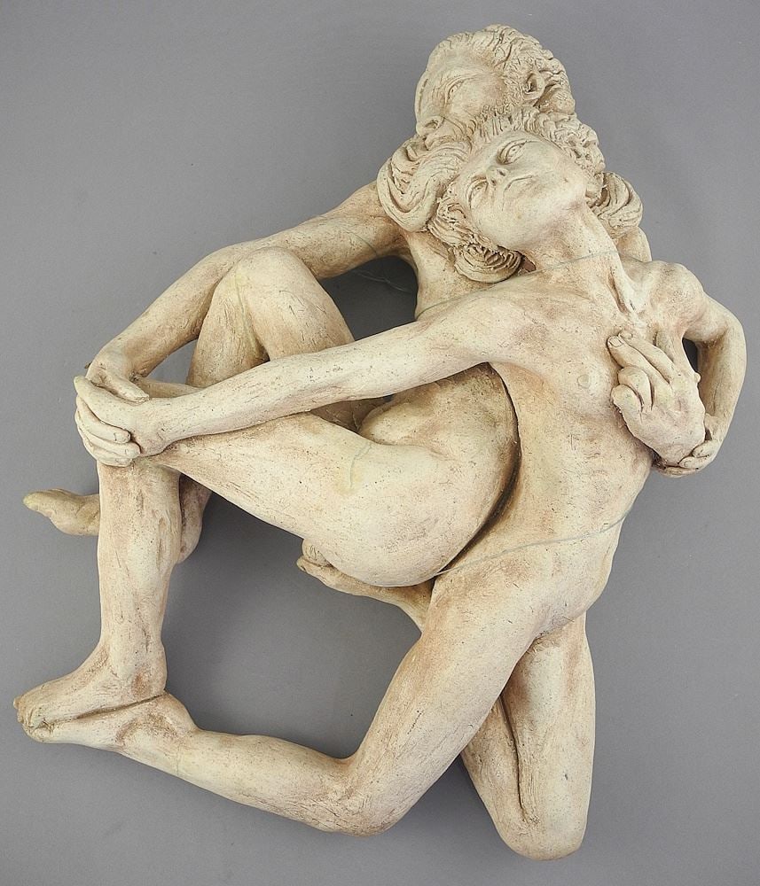Stoneware Sculpture signed Neil Dalrymple 1979, 13"h, "Intertwined Lovers".: Stoneware Sculpture signed Neil Dalrymple 1979, 13"h, "Intertwined Lovers".