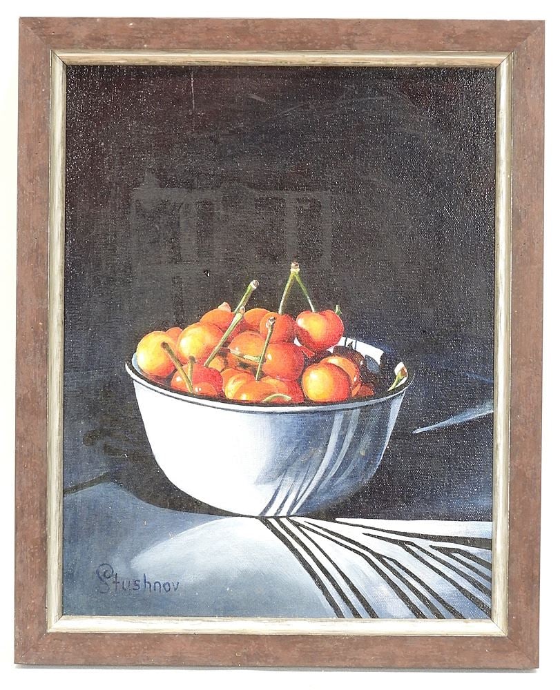Oil on Canvas signed (Sharlene) Stushnov-Lee, 14 x 10 7/8", "Cherry Bowl".: Oil on Canvas signed (Sharlene) Stushnov-Lee, 14 x 10 7/8", "Cherry Bowl".