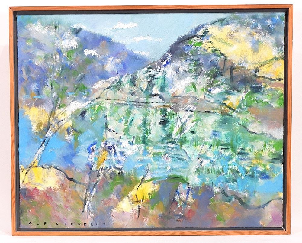 Oil on Canvas signed Alf (Alfred) Crossley, 16 3/4 x 20 3/4", "Duncan Lake Summer 1991 Field Ske: Oil on Canvas signed Alf (Alfred) Crossley, 16 3/4 x 20 3/4", "Duncan Lake Summer 1991 Field Ske