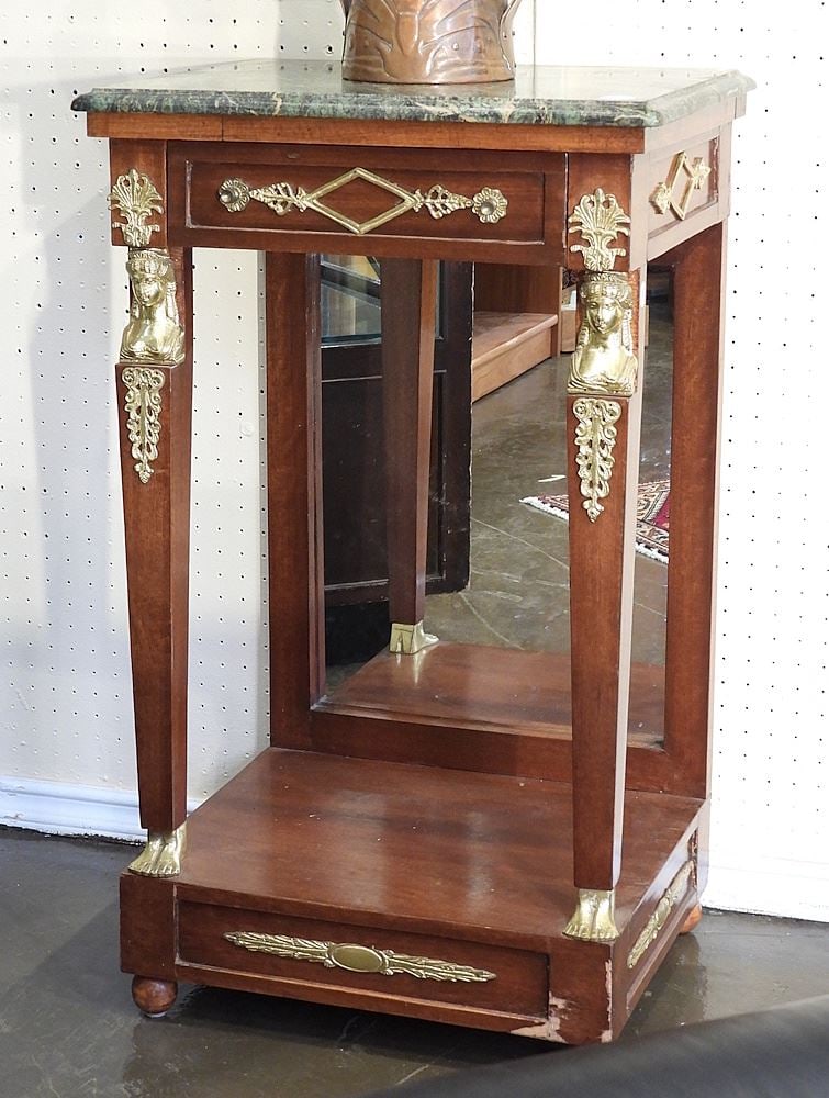 Pair of Reproduction French Empire Style Marble Top Side Tables, 34 1/4"h.: Pair of Reproduction French Empire Style Marble Top Side Tables, 34 1/4"h.