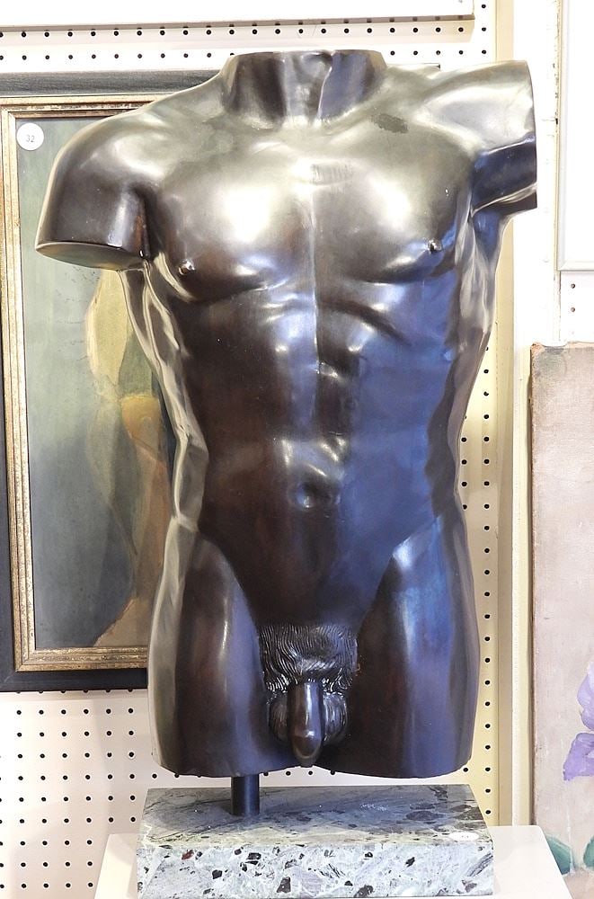 Contemporary Bronze Finish Male Torso Sculpture, 32"h.: Contemporary Bronze Finish Male Torso Sculpture, 32"h.