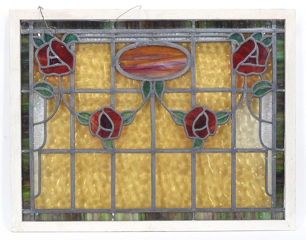 Art Nouveau Leaded Glass Window, Inner 19 1/2 x 25 1/2", Outer 21 1/2 x 27 1/2".: Art Nouveau Leaded Glass Window, Inner 19 1/2 x 25 1/2", Outer 21 1/2 x 27 1/2".