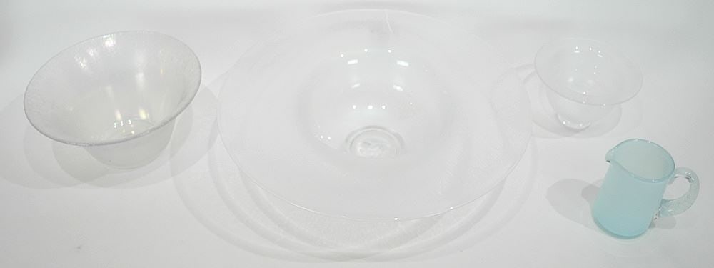 Three Midsummer Glass Makers Bowls & Milk Jug, Largest 15 5/8" Diam.: Three Midsummer Glass Makers Bowls & Milk Jug, Largest 15 5/8" Diam.