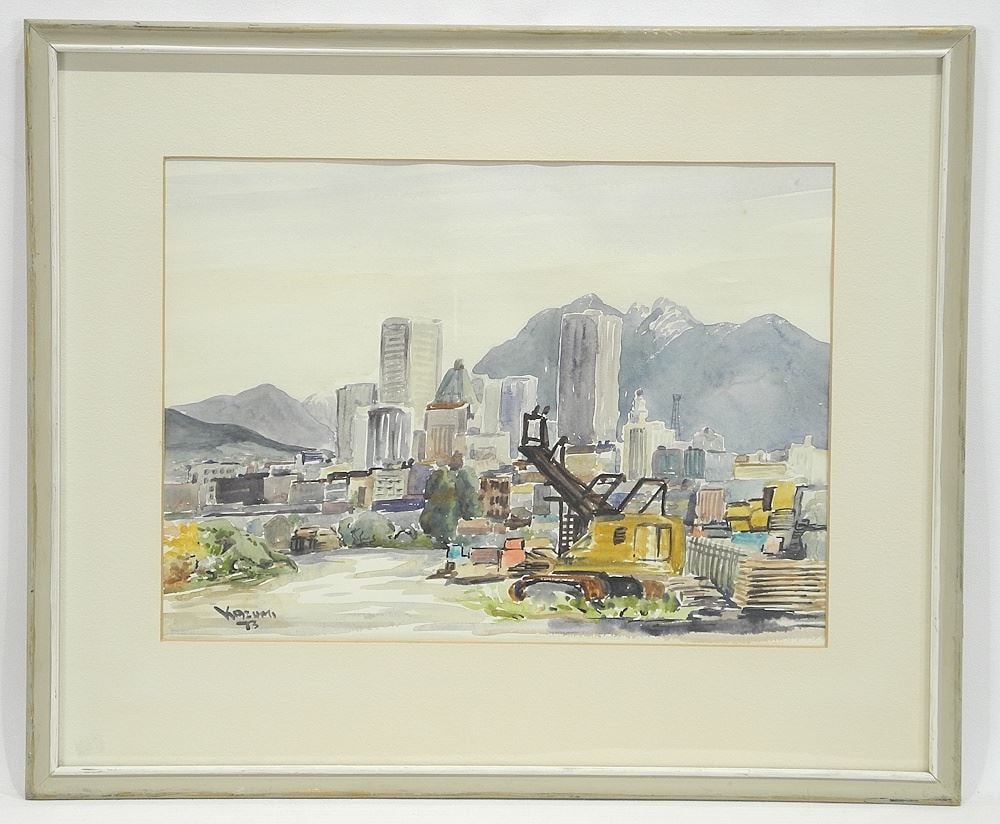 Watercolour signed Kazumi (Kawaguchi)'73, 9 5/8 x 13 3/8", "City From False Creek".: Watercolour signed Kazumi (Kawaguchi)'73, 9 5/8 x 13 3/8", "City From False Creek".