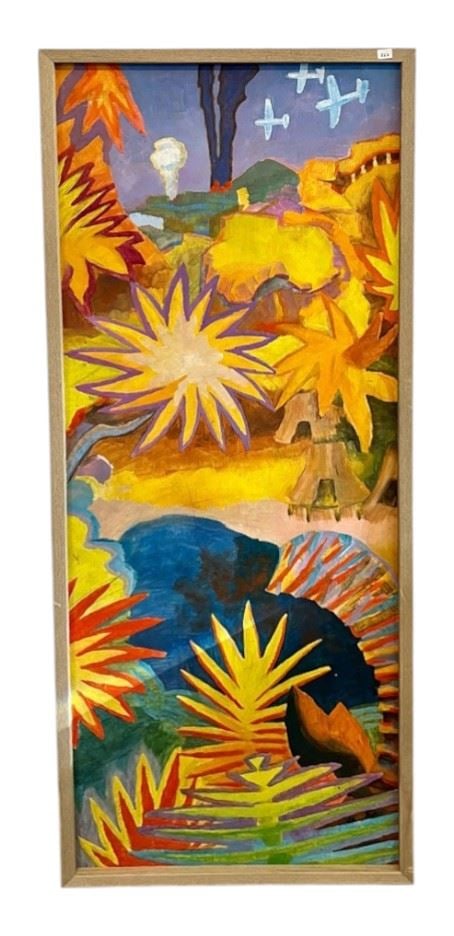 Oil on Panel signed J. Dag, 48 x 19" "The Fly By".: Oil on Panel signed J. Dag, 48 x 19" "The Fly By".