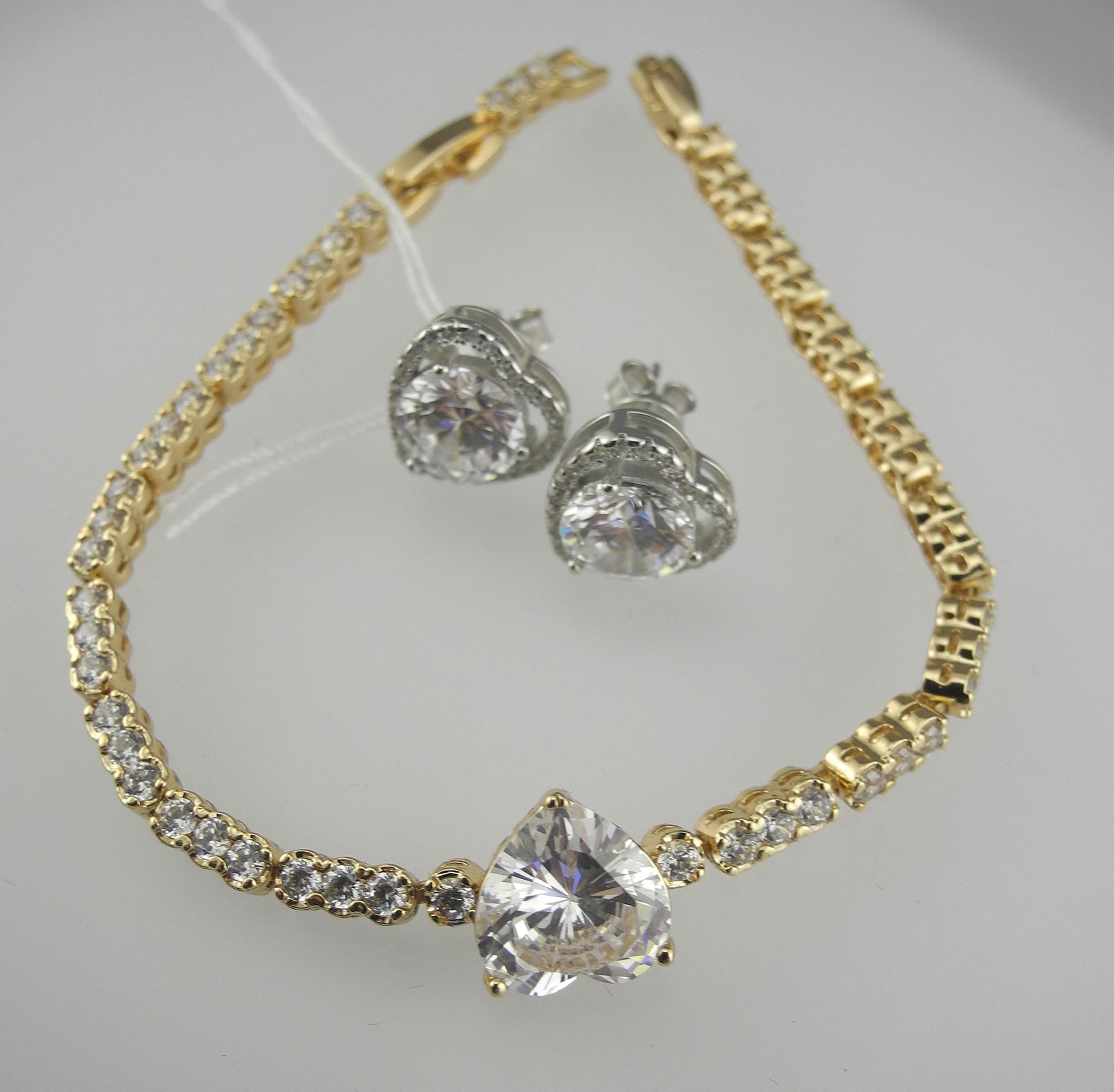 18K Gold Plated Heart Cut CZ Bracelet, 6 3/4 - 7 1/2"L & Earrings: 18K Gold Plated Heart Cut CZ Bracelet, 6 3/4 - 7 1/2"L & Earrings