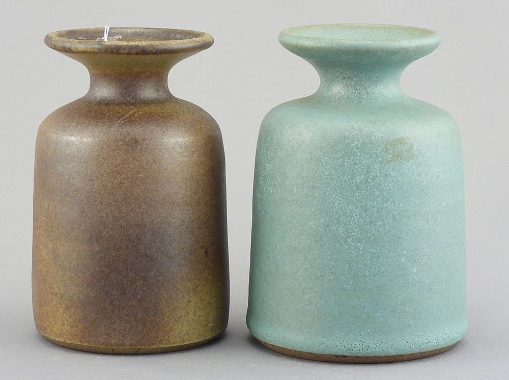 Two Stoneware Vases Monogrammed & signed JG (Jan) Grove, 4 3/8"h.: Two Stoneware Vases Monogrammed & signed JG (Jan) Grove, 4 3/8"h.