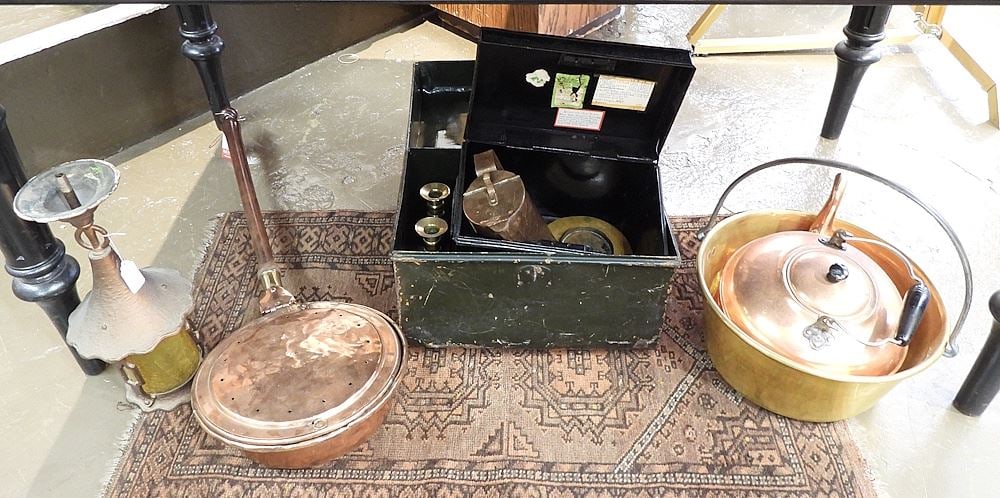 Collection of Antique Metal Wares: 2 Japanned Boxes/Copper Warmer/ Brass Jam Pan & Sundries. (1 of 2)