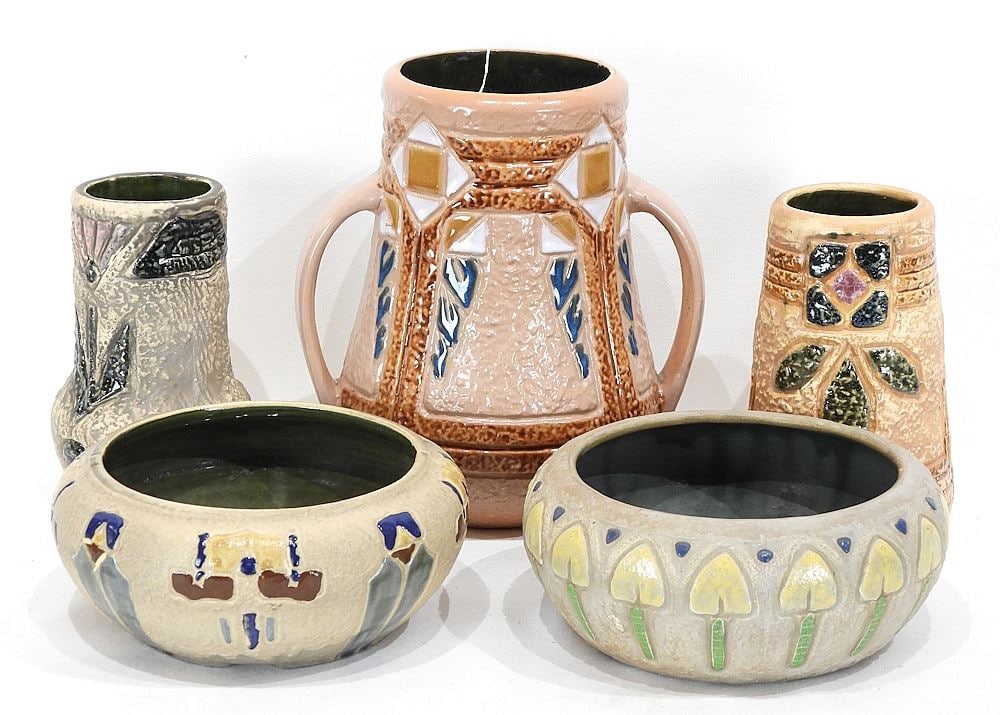 Collection of Five Roseville Mostique Pottery Vases & Bowl, 2 3/4 - 8"h. (1 of 3)