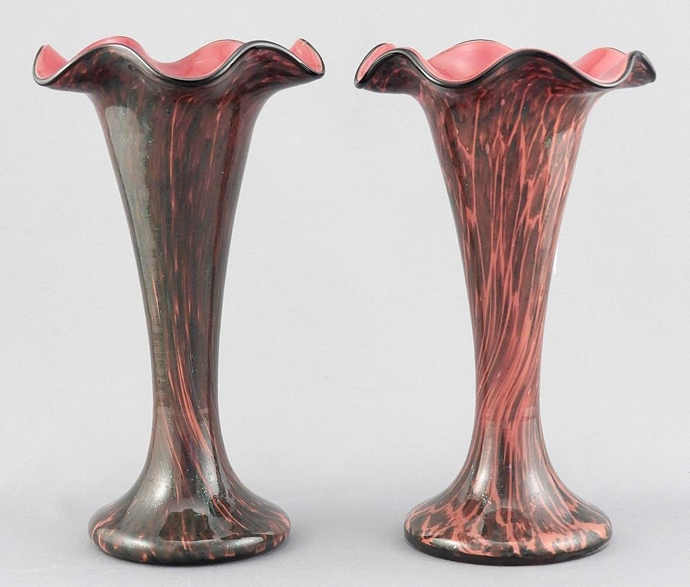 Pair of Czech Art Deco Glass Ruffle Rim Vases, 7 1/2"h.: Pair of Czech Art Deco Glass Ruffle Rim Vases, 7 1/2"h.