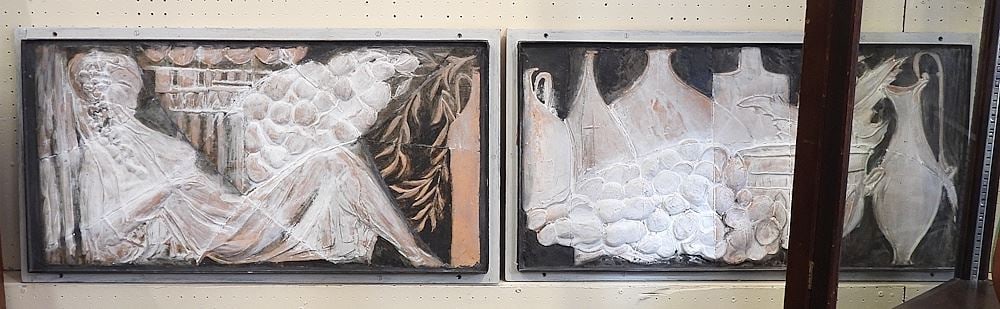 Pair of Ceramic Relief Plaques, 17 x 33 1/2", "Grapes, Wine & Figure".: Pair of Ceramic Relief Plaques, 17 x 33 1/2", "Grapes, Wine & Figure".