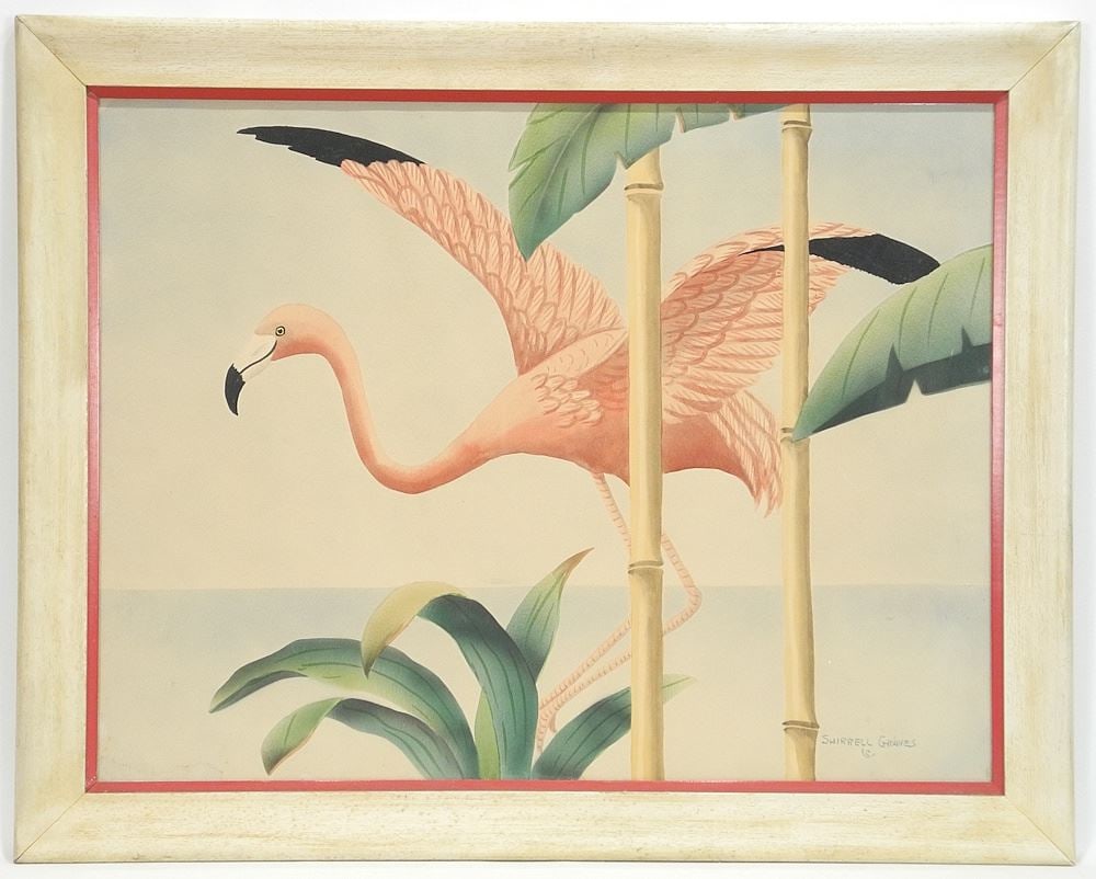 Air Brush signed Shirrell Graves, 19 1/2 x 25 5/8", "Flamingo".: Air Brush signed Shirrell Graves, 19 1/2 x 25 5/8", "Flamingo".