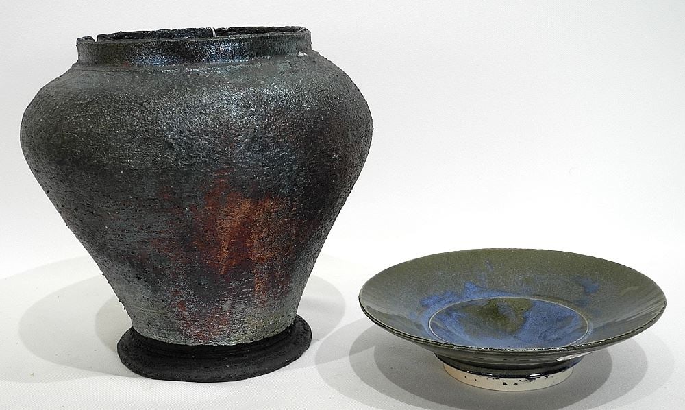 Raku Vase & Bowl signed Richard (Mosselman), 7"h & 6 1/4" Diameter.: Raku Vase & Bowl signed Richard (Mosselman), 7"h & 6 1/4" Diameter.