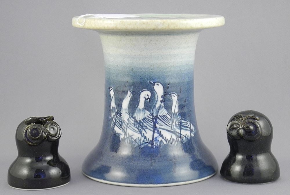 Three Ceramic Items signed (Kinichi) Shigeno: Stand (5 5/8"h) & Two Owl Figures.: Three Ceramic Items signed (Kinichi) Shigeno: Stand (5 5/8"h) & Two Owl Figures.