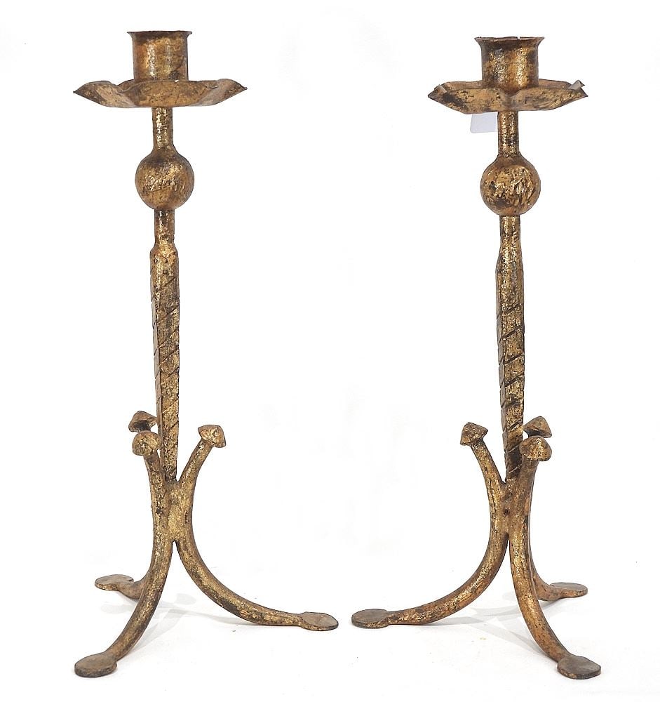 Pair of Gilt Metal Tripod Candlesticks, 16 1/2"h.: Pair of Gilt Metal Tripod Candlesticks, 16 1/2"h.
