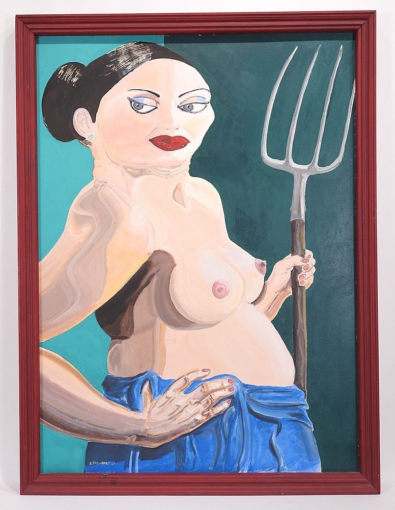 Acrylic on Board signed A. (Annabel) King-Hart '67, 38 x 27 1/2", "Lady With Pitch Fork".: Acrylic on Board signed A. (Annabel) King-Hart '67, 38 x 27 1/2", "Lady With Pitch Fork".