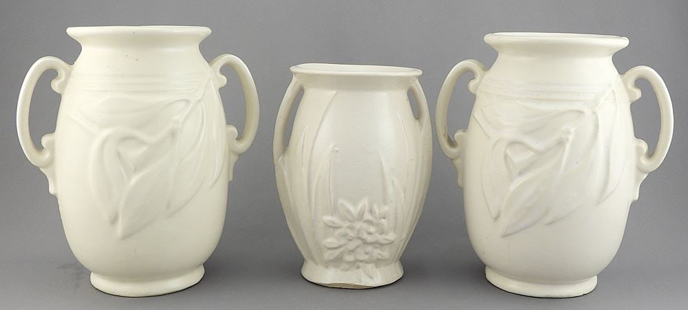 Three American Art Pottery Vases: Two Weller (7"h) & McCoy.: Three American Art Pottery Vases: Two Weller (7"h) & McCoy.