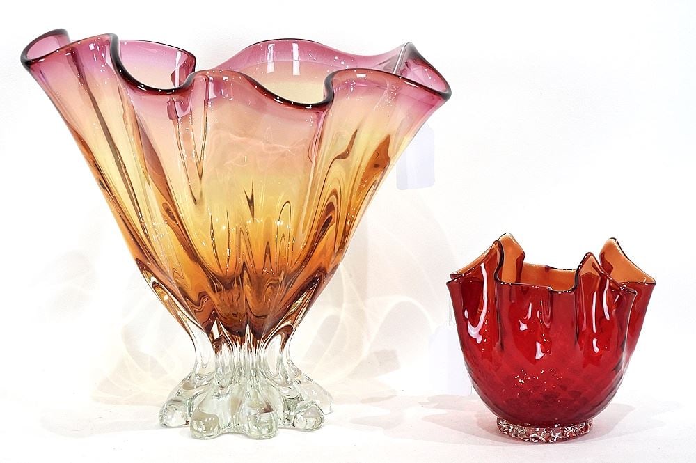 Two Ruffled Rim Glass Vases: Pink Amberina (9 5/8"h) & Quilted Amberina, 4 3/4"w.: Two Ruffled Rim Glass Vases: Pink Amberina (9 5/8"h) & Quilted Amberina, 4 3/4"w.