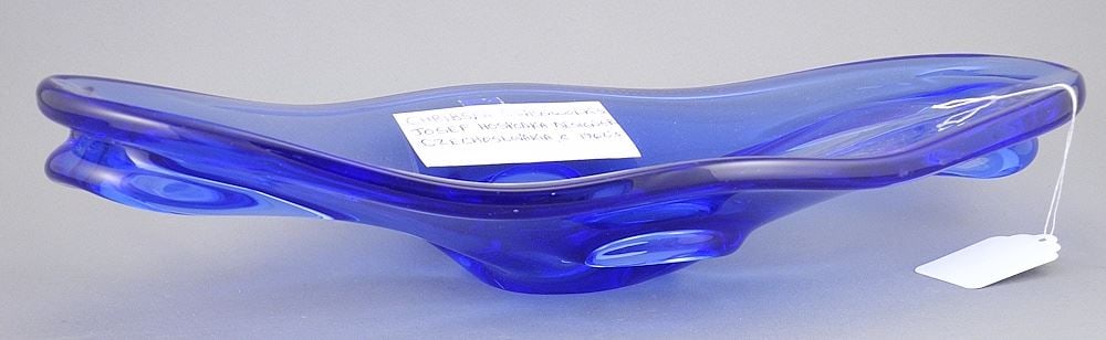 Chribska Glass Works Blue Glass Dish , Josef Hospodka, 13 1/2"L. (1 of 3)