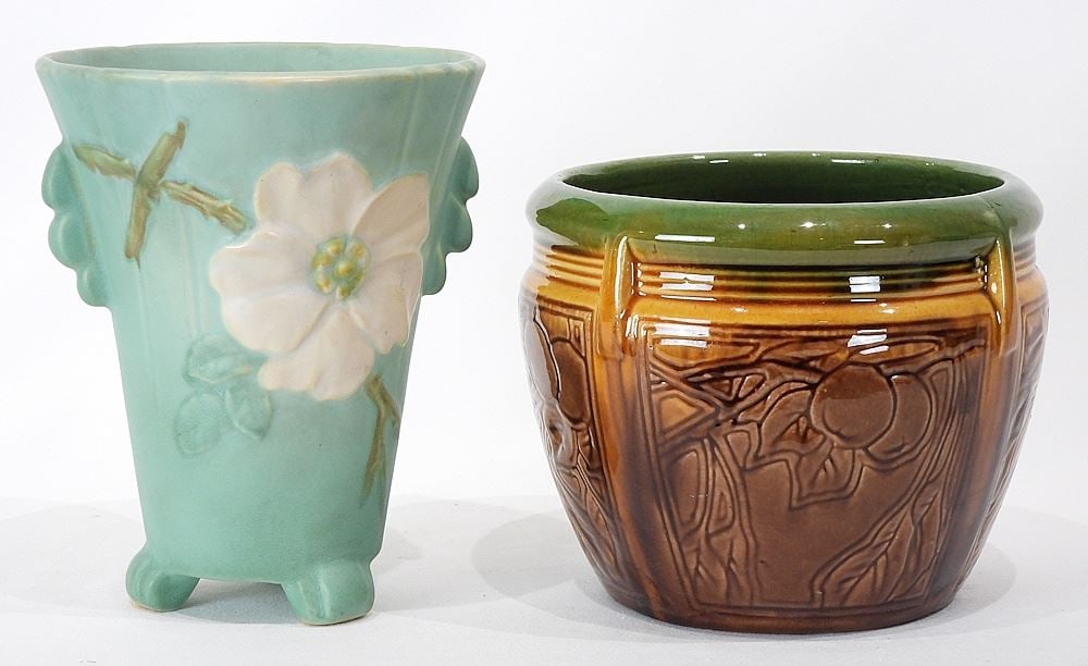 Weller Vase (7 1/2"h) & Zanesville Jardiniere, 6"h.: Weller Vase (7 1/2"h) & Zanesville Jardiniere, 6"h.