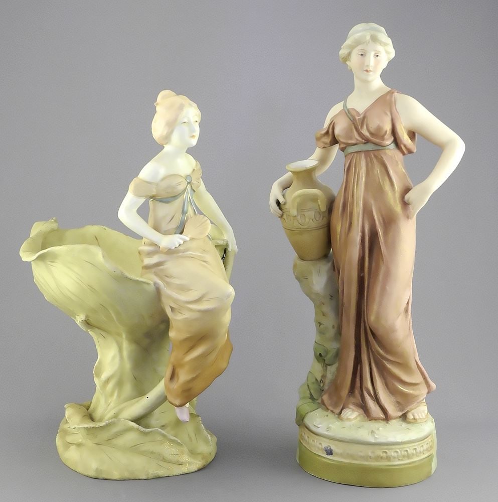 Two Royal Dux Ceramic Figurines: Water Carrier (restored) & Lady Upon Leaf, 11 3/4"h. (1 of 8)