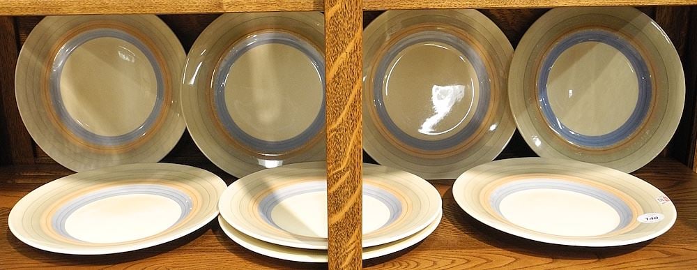 Eight Susie Cooper Wedding Band Dinner Plates, 10" Diameter.: Eight Susie Cooper Wedding Band Dinner Plates, 10" Diameter.