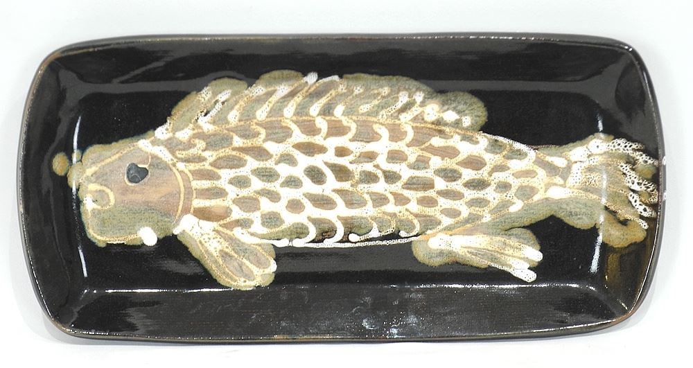 Stoneware Fish Dish Impressed Robin Hopper, 18 1/2"L.: Stoneware Fish Dish Impressed Robin Hopper, 18 1/2"L.