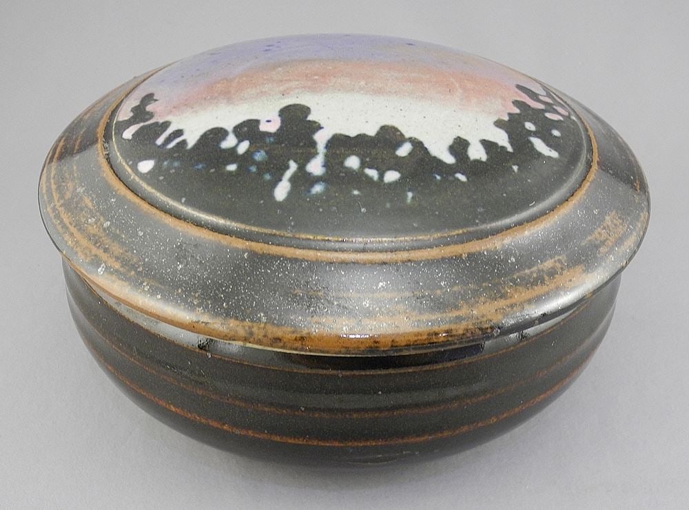 Stoneware Landscape Box with Impressed Mark of Robin Righton, 3 1/4 x 7" Diameter.: Stoneware Landscape Box with Impressed Mark of Robin Righton, 3 1/4 x 7" Diameter.